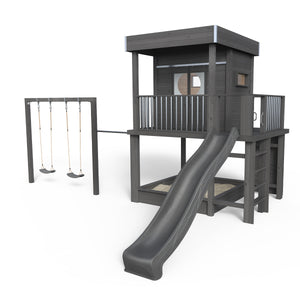 Stilt House Karl - Play World 850, gynge, rutsjebane, klatrevæg