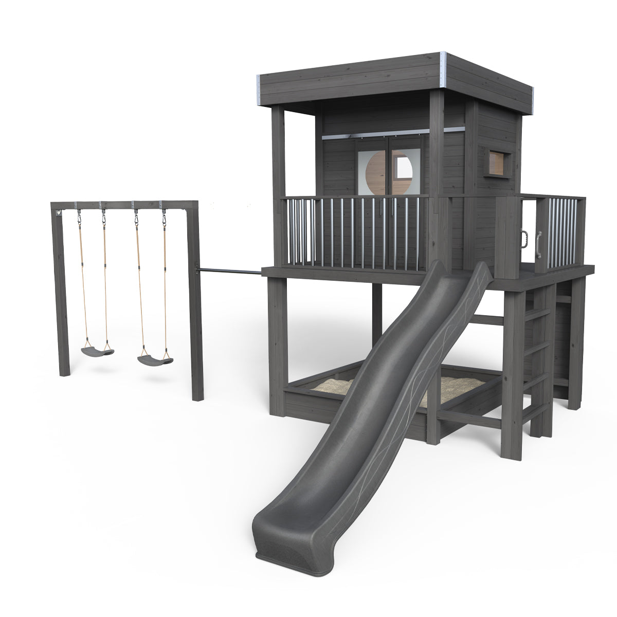 Stilt House Karl - Play World 850, gynge, rutsjebane, klatrevæg