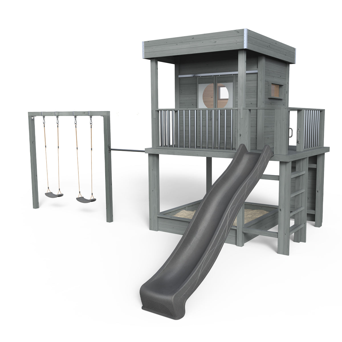 Stilt House Karl - Play World 850, gynge, rutsjebane, klatrevæg