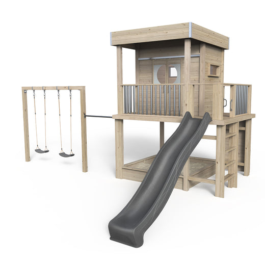 Stilt House Karl - Play World 850, gynge, rutsjebane, klatrevæg
