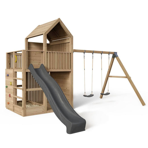 Legetårn Anton – Kompakt - Gynge - 370 - naturligt lærketræ - med rutsjebane og gynge