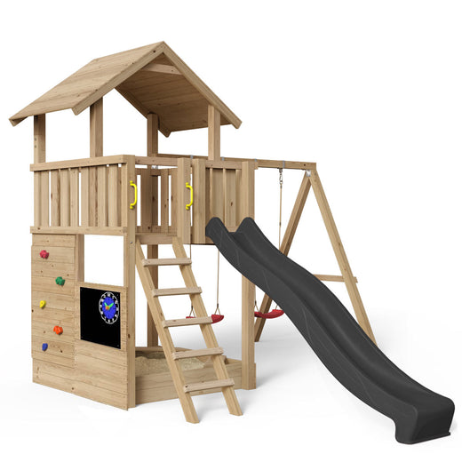 Legetårn Mia – Gynge – 359 - naturligt lærketræ med klatrevæg