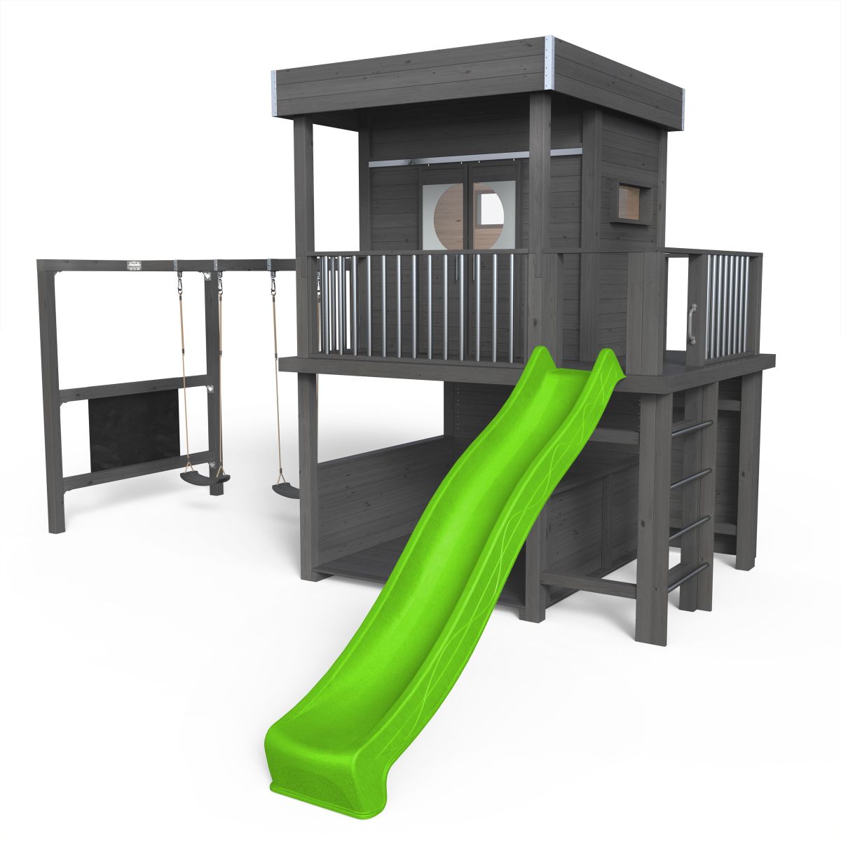 Spielhaus auf Stelzen, Massivholz natur, Lounge, Balkon, Leiter, Geländer, Spielzimmer, Schiebetür, Doppelschaukel, Maltafel, Anstrich Anthrazit, Rutsche apfelgrün