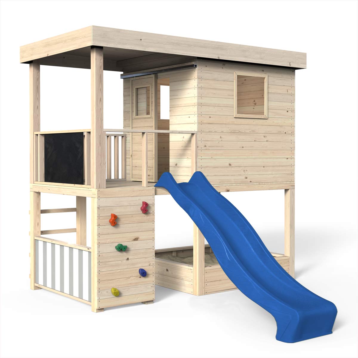 Spielhaus, Massivholz natur, Sandkasten, Kletterwand, Leiter, Spielzimmer, Tür, Kaufladen, Tafel, Rutsche blau