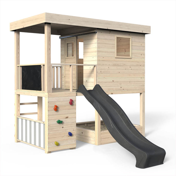 Spielhaus, Massivholz natur, Sandkasten, Kletterwand, Leiter, Spielzimmer, Tür, Kaufladen, Tafel, Rutsche grau