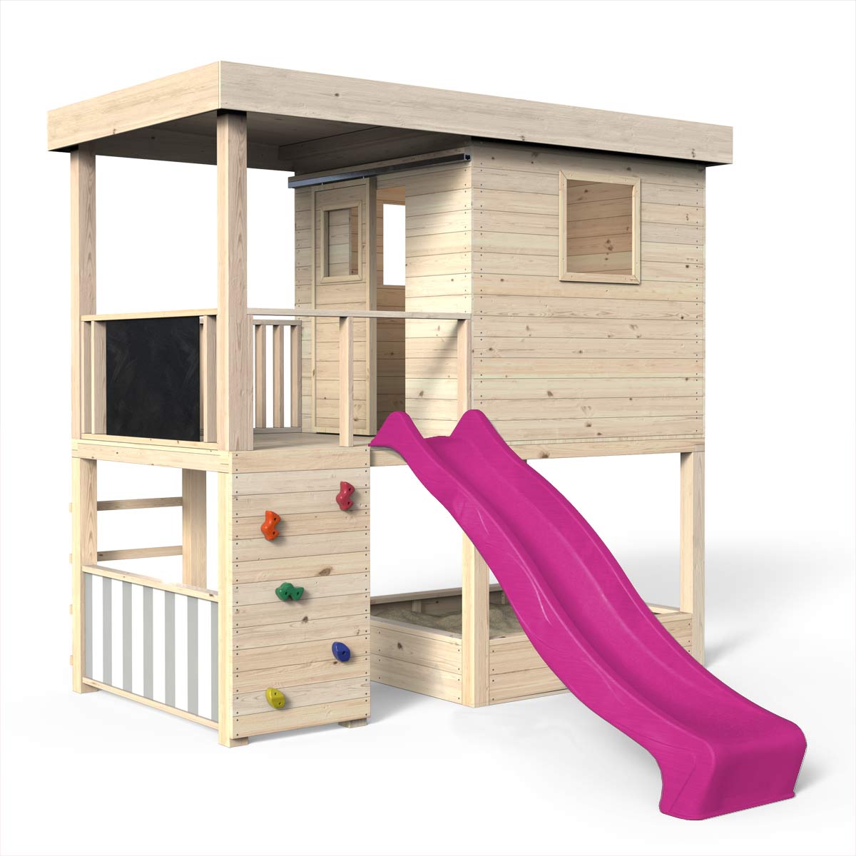 Spielhaus, Massivholz natur, Sandkasten, Kletterwand, Leiter, Spielzimmer, Tür, Kaufladen, Tafel, Rutsche pink