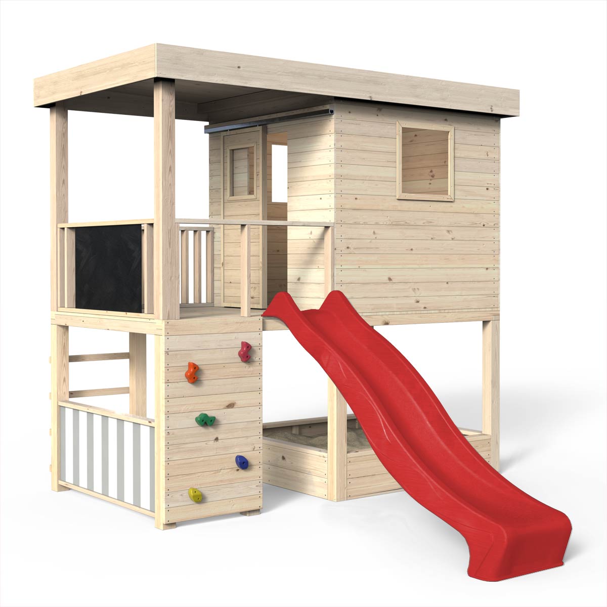 Spielhaus, Massivholz natur, Sandkasten, Kletterwand, Leiter, Spielzimmer, Tür, Kaufladen, Tafel, Rutsche rot