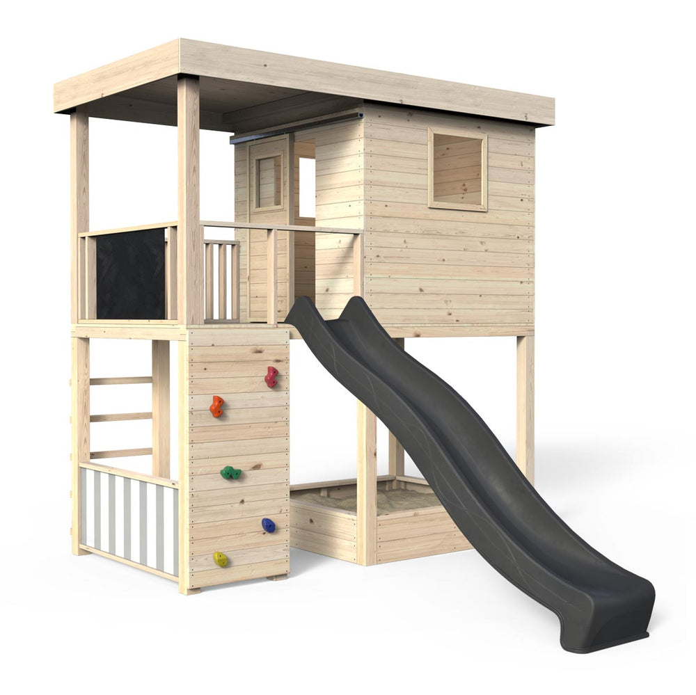Spielhaus, Massivholz natur, Sandkasten, Kletterwand, Leiter, Spielzimmer, Tür, Kaufladen, Tafel, Rutsche grau