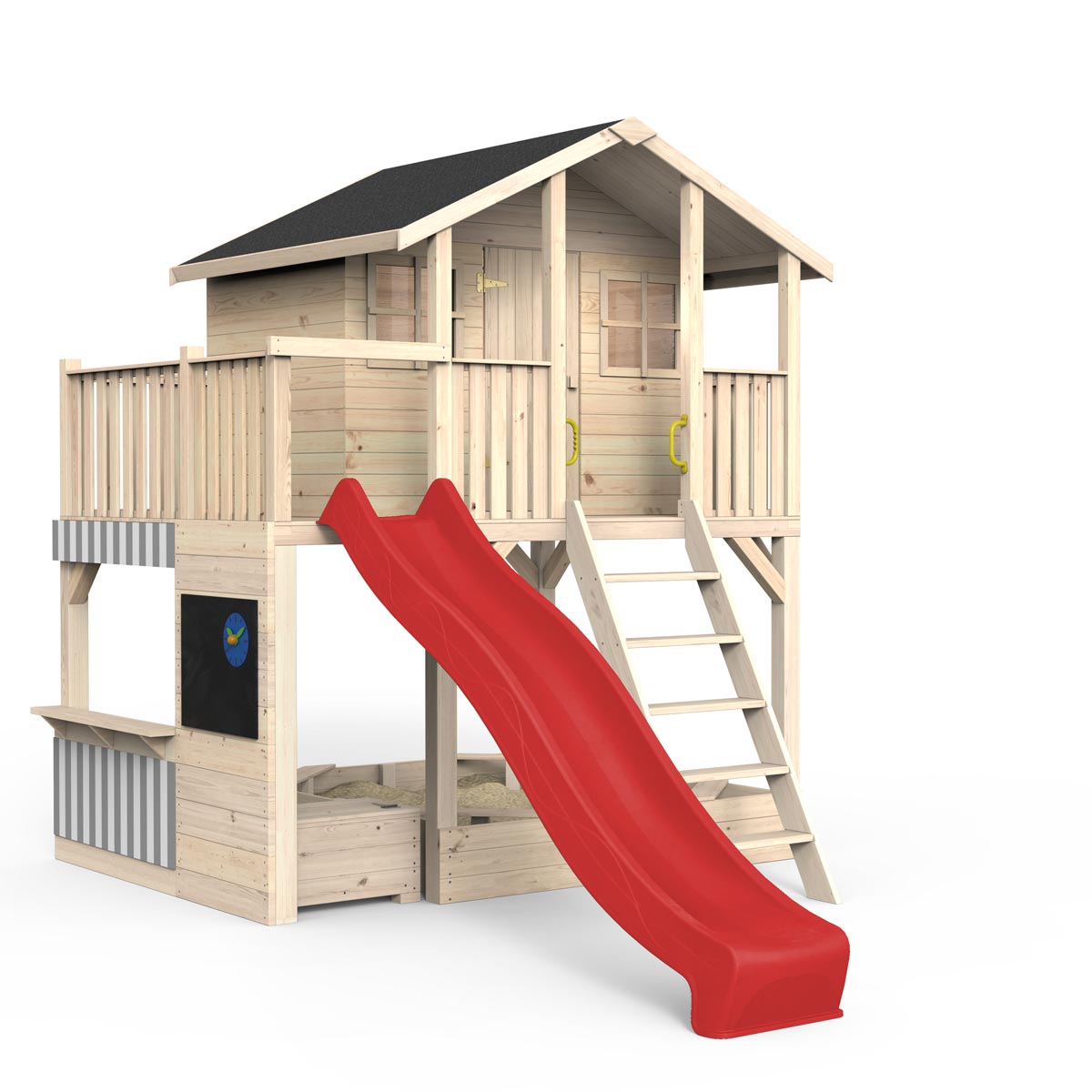 Spielhaus auf Stelzen, Massivholz natur, Sandkasten, Kaufladen, Leiter, Geländer, Spielzimmer, Tür, Sprossenfenster, Dachpappe schwarz, Rutsche rot