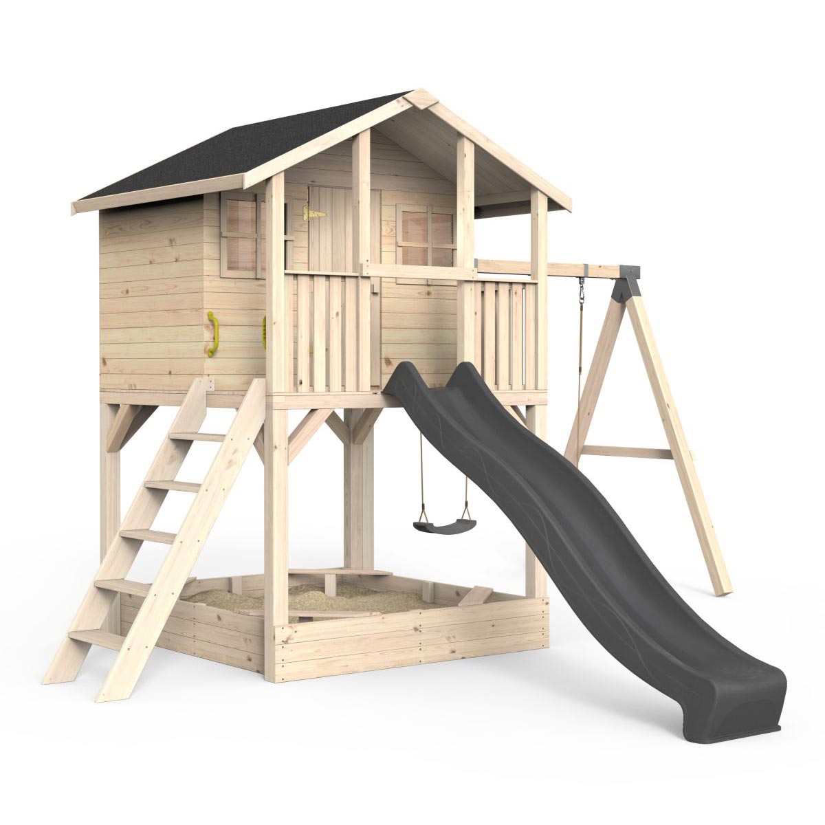 Spielhaus auf Stelzen, Massivholz natur, Sandkasten, Leiter, Geländer, Spielzimmer, Tür, Sprossenfenster, Doppelschaukel, Dachpappe schwarz, Rutsche grau