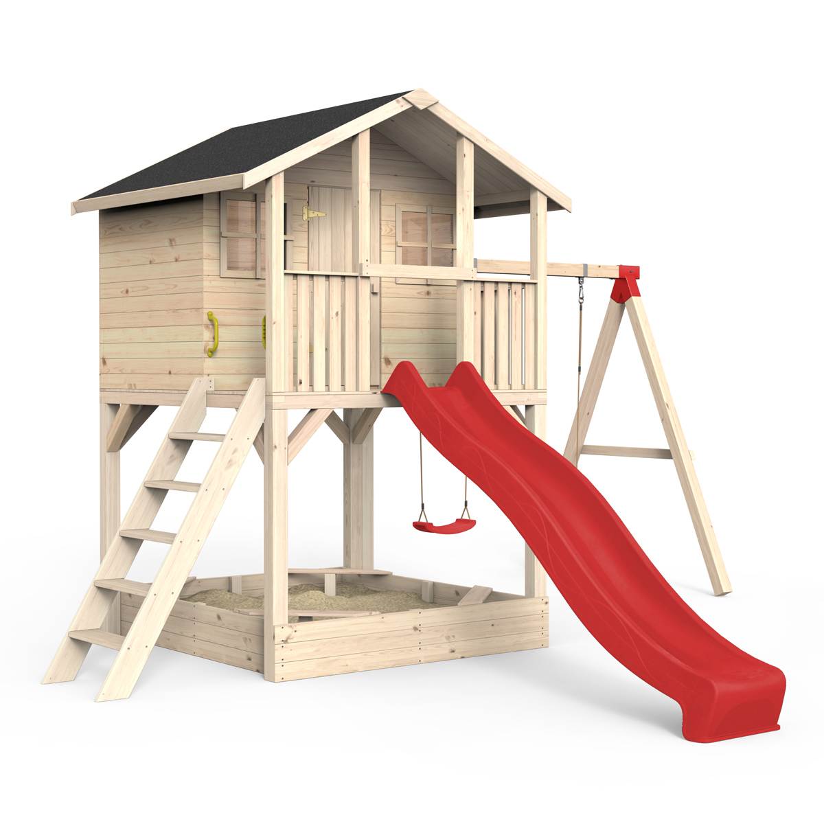 Spielhaus auf Stelzen, Massivholz natur, Sandkasten, Leiter, Geländer, Spielzimmer, Tür, Sprossenfenster, Doppelschaukel, Dachpappe schwarz, Rutsche rot